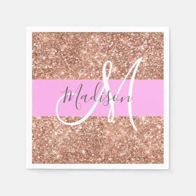Girly Glam Pink Peach Gold Glitter Monogram Name Napkins (Front)