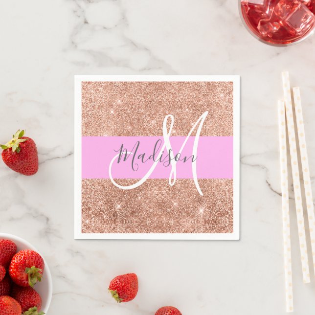 Girly Glam Pink Peach Gold Glitter Monogram Name Napkins (Insitu)