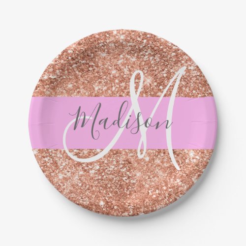 Girly Glam Pink Peach Gold Glitter Monogram Name Paper Plates