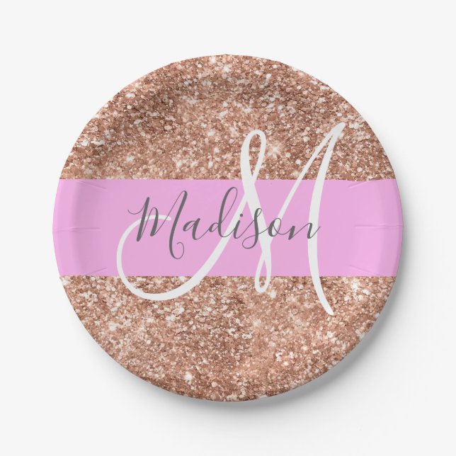 Girly Glam Pink Peach Gold Glitter Monogram Name Paper Plates (Front)
