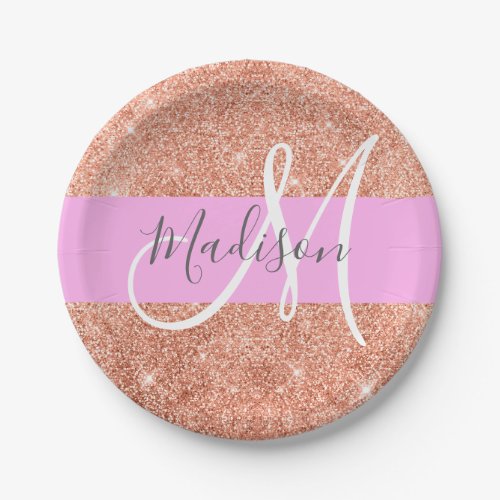 Girly Glam Pink Peach Gold Glitter Monogram Name Paper Plates
