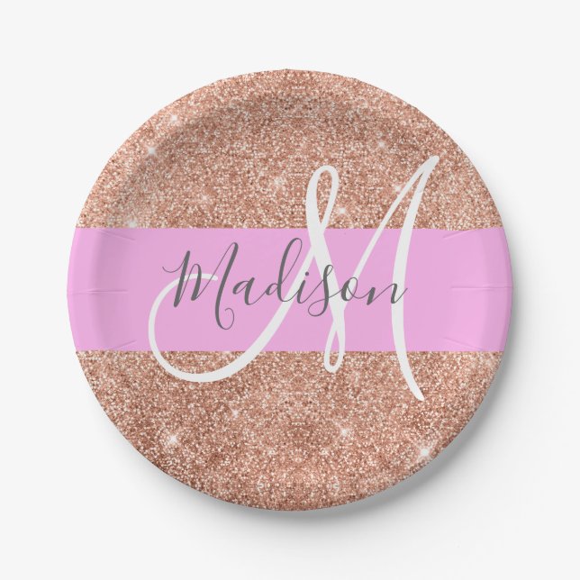 Girly Glam Pink Peach Gold Glitter Monogram Name Paper Plates (Front)