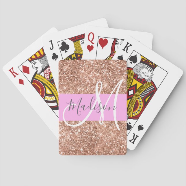 Girly Glam Pink Peach Gold Glitter Monogram Name Poker Cards (Back)