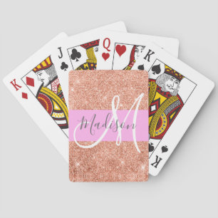 Girly Glam Pink Peach Gold Glitter Monogram Name Poker Cards