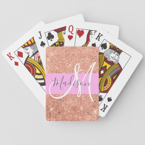 Girly Glam Pink Peach Gold Glitter Monogram Name Poker Cards