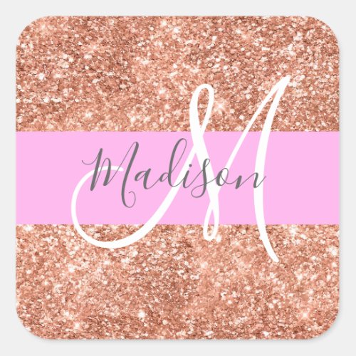 Girly Glam Pink Peach Gold Glitter Monogram Name Square Sticker