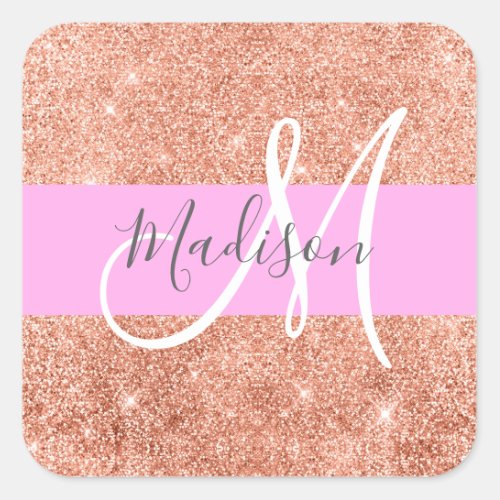 Girly Glam Pink Peach Gold Glitter Monogram Name Square Sticker