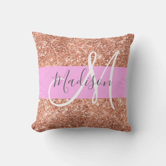 Girly Glam Pink Peach Gold Glitter Monogram Name Throw Pillow (Front)