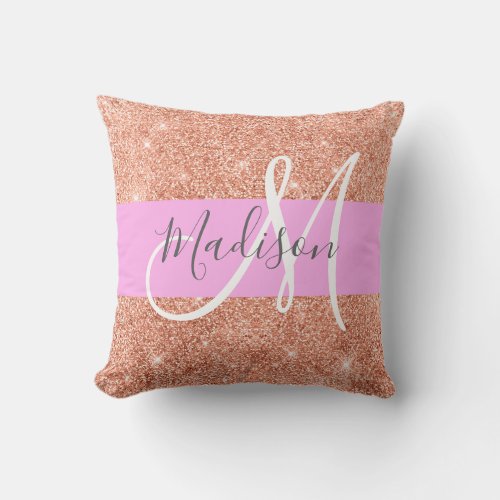 Girly Glam Pink Peach Gold Glitter Monogram Name Throw Pillow