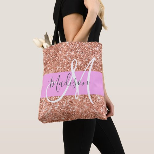 Girly Glam Pink Peach Gold Glitter Monogram Name Tote Bag