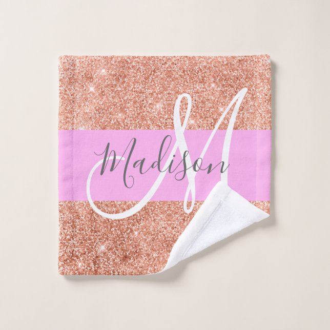 Girly Glam Pink Peach Gold Glitter Monogram Name Wash Cloth (Wash Cloth)