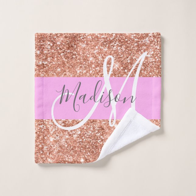 Girly Glam Pink Peach Gold Glitter Monogram Name Wash Cloth (Wash Cloth)