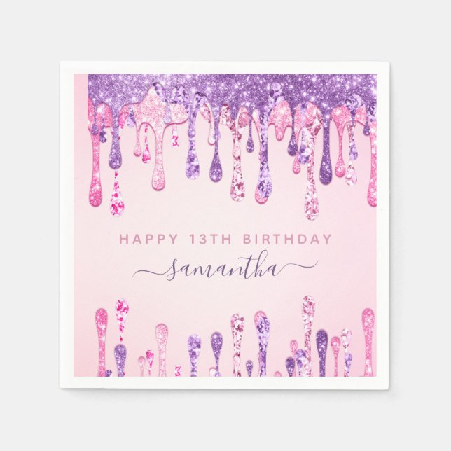 Girly Glam Pink Purple Glitter Drip 13th Birthday  Napkins (Front)