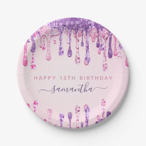 Girly Glam Pink Purple Glitter Drip 13th Birthday Paper Plates
