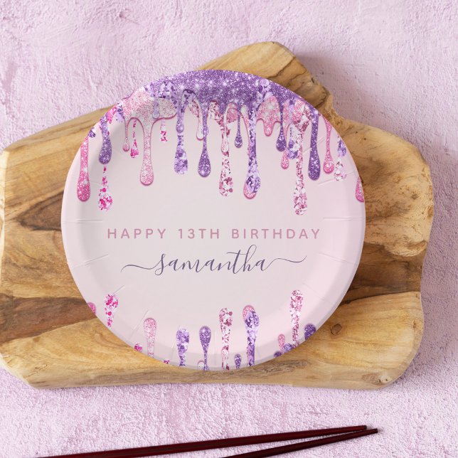 Girly Glam Pink Purple Glitter Drip 13th Birthday Paper Plates (Creator Uploaded)