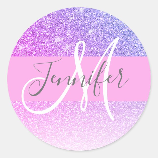 Girly Glam Pink Purple Glitter Monogram Name Classic Round Sticker (Front)