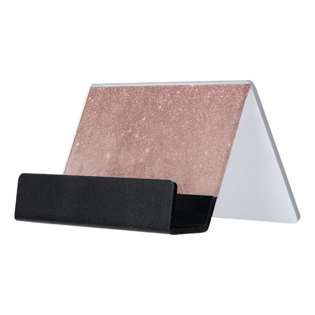 Girly Glam Pink Rose Gold Foil and Glitter Mesh Desk Business Card Holder (Angled Front)