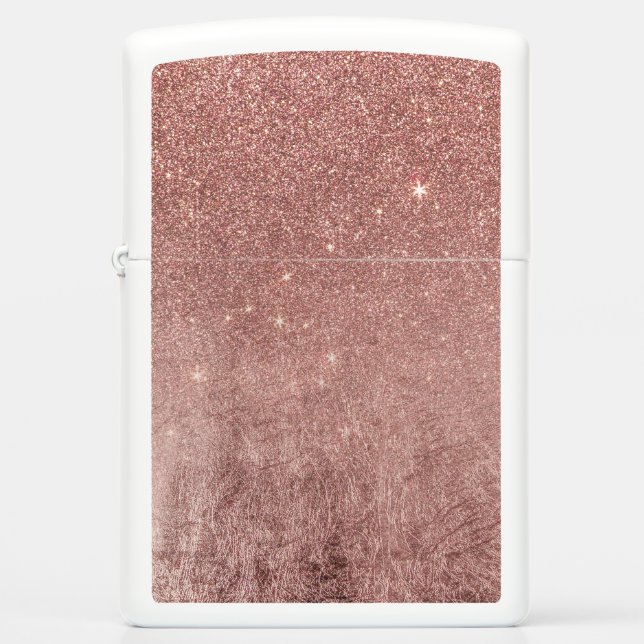 Girly Glam Pink Rose Gold Foil and Glitter Mesh Zippo Lighter (Front)