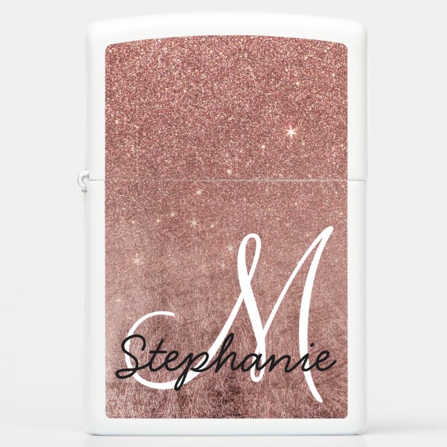 Girly Glam Pink Rose Gold Foil Glitter Monogram Zippo Lighter (Front)
