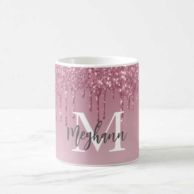 Girly Glam Pink Rose Gold Glitter Drips Monogram Coffee Mug (Center)