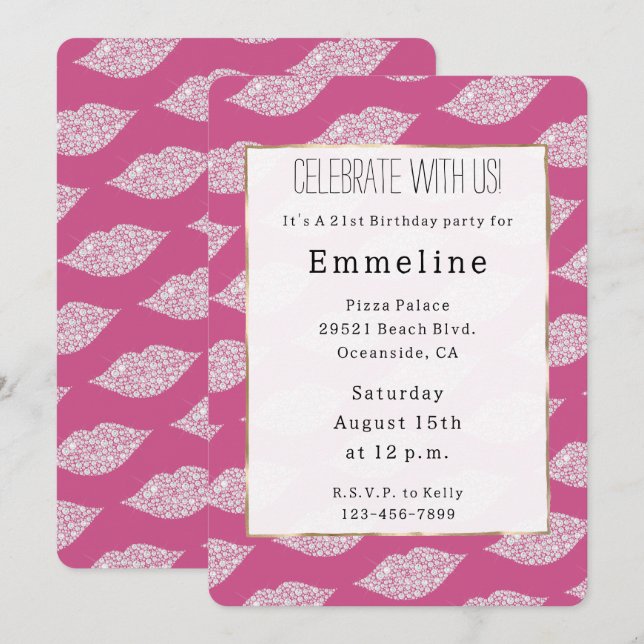 Girly Glam Pink White Diamond Lips Invitation (Front/Back)