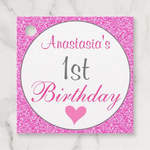 Girly Glam Princess Hot Pink Glitter 1st Birthday Favor Tags