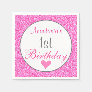 Girly Glam Princess Hot Pink Glitter 1st Birthday Napkins
