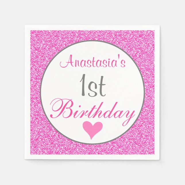 Girly Glam Princess Hot Pink Glitter 1st Birthday Napkins (Front)