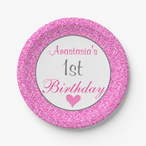 Girly Glam Princess Hot Pink Glitter 1st Birthday Paper Plates