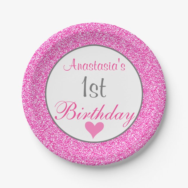 Girly Glam Princess Hot Pink Glitter 1st Birthday Paper Plates (Front)