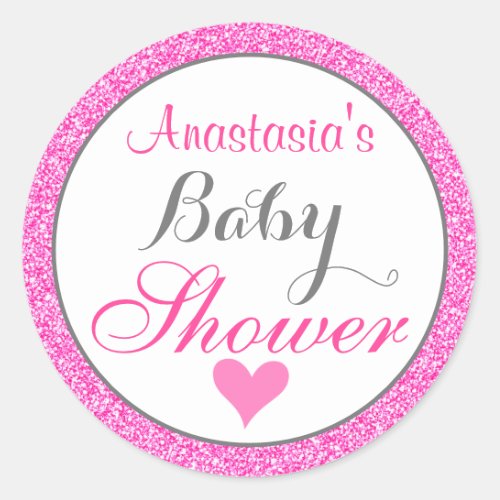 Girly  Glam Princess Hot Pink Glitter Baby Shower Classic Round Sticker