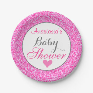 Girly & Glam Princess Hot Pink Glitter Baby Shower Paper Plates