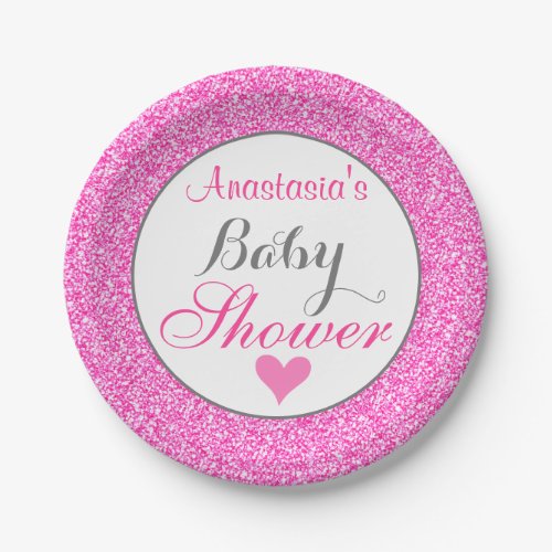 Girly  Glam Princess Hot Pink Glitter Baby Shower Paper Plates