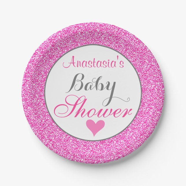 Girly & Glam Princess Hot Pink Glitter Baby Shower Paper Plates (Front)
