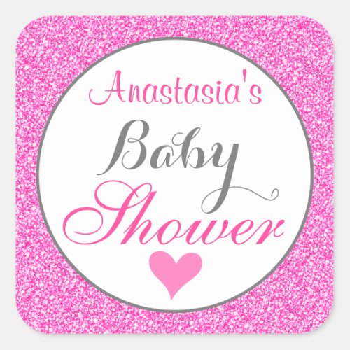 Girly  Glam Princess Hot Pink Glitter Baby Shower Square Sticker