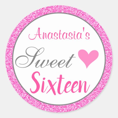 Girly Glam Princess Hot Pink Glitter Sweet Sixteen Classic Round Sticker