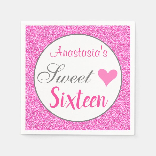 Girly Glam Princess Hot Pink Glitter Sweet Sixteen Napkins (Front)