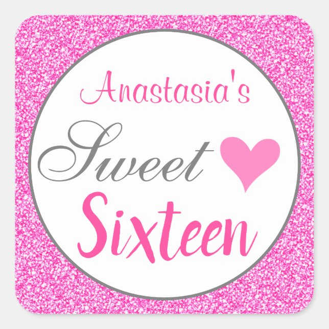 Girly Glam Princess Hot Pink Glitter Sweet Sixteen Square Sticker (Front)