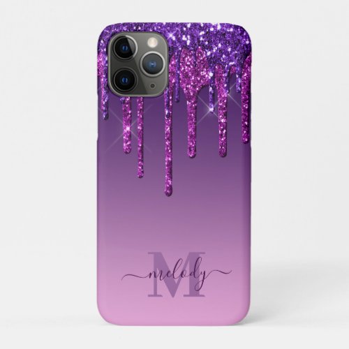 Girly Glam Purple Faux Glitter Drips Monogram iPhone 11 Pro Case