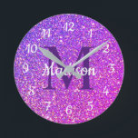 Girly Glam Purple Glitter Monogram Personalized Round Clock<br><div class="desc">Show off your glamour bedroom decor with this Girly Glam Purple Glitter Monogram Personalized Round Clock. It is designed with purple faux glitter background and dark purple monogram initial on the center. Personalized with name in white calligraphy script lettering. Makes a great gift idea for a girl who loves pink...</div>