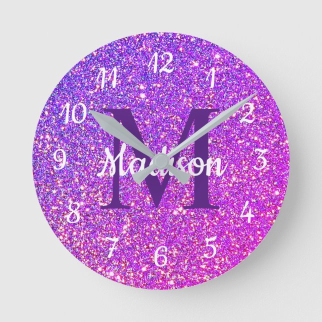 Girly Glam Purple Glitter Monogram Personalized Round Clock (Front)