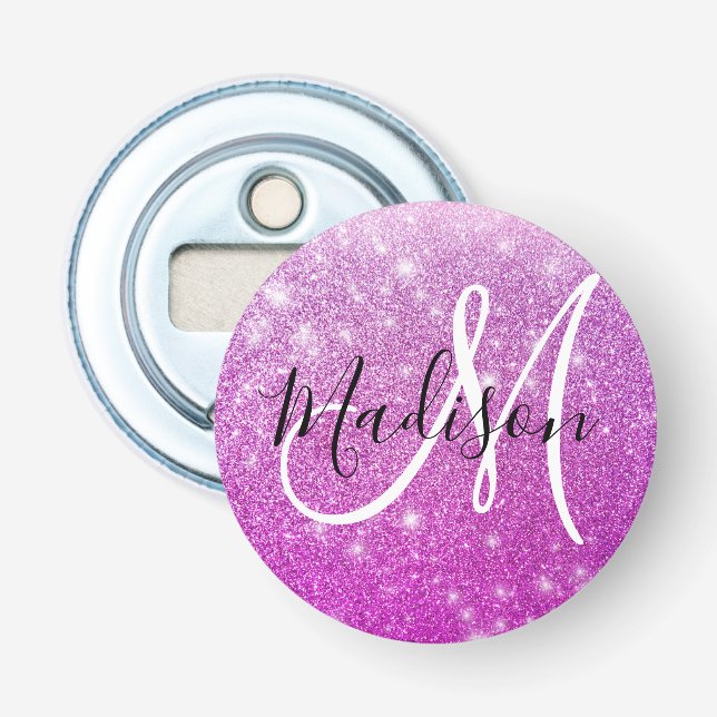 Girly & Glam Purple Glitter Sparkles Monogram Name Bottle Opener (Front)