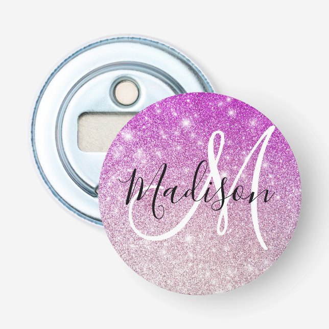 Girly & Glam Purple Glitter Sparkles Monogram Name Bottle Opener (Front)