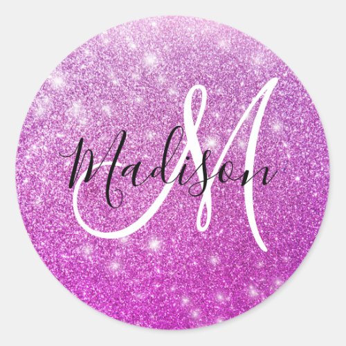 Girly  Glam Purple Glitter Sparkles Monogram Name Classic Round Sticker