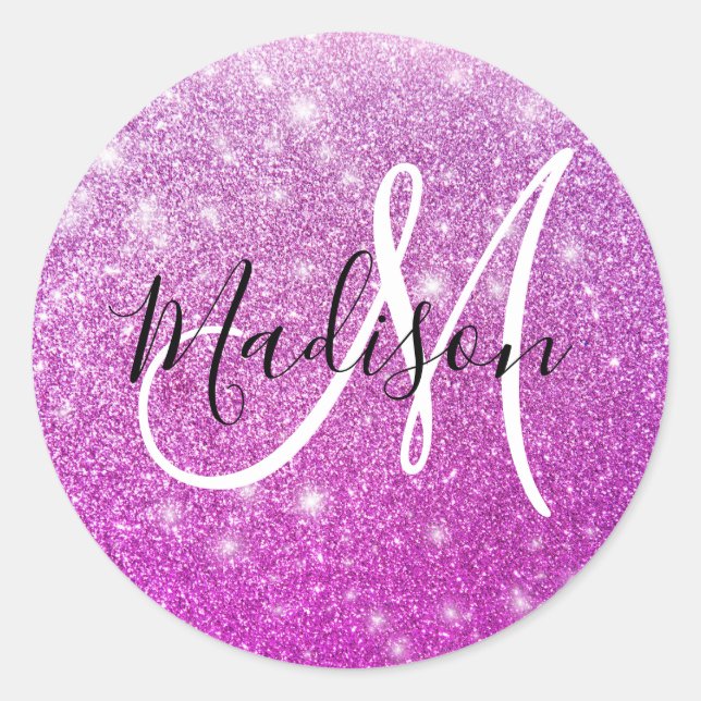 Girly & Glam Purple Glitter Sparkles Monogram Name Classic Round Sticker (Front)