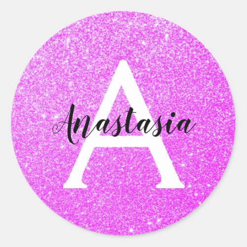 Girly Glam Purple Glitter Sparkles Monogram Name Classic Round Sticker