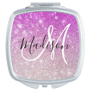 Girly & Glam Purple Glitter Sparkles Monogram Name Compact Mirror