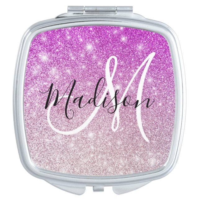 Girly & Glam Purple Glitter Sparkles Monogram Name Compact Mirror (Front)