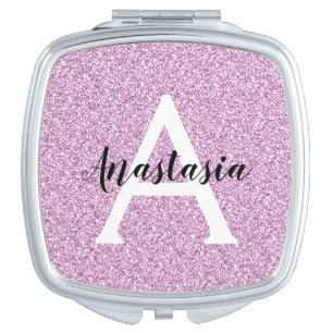 Girly Glam Purple Glitter Sparkles Monogram Name Compact Mirror