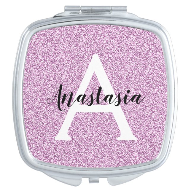 Girly Glam Purple Glitter Sparkles Monogram Name Compact Mirror (Front)